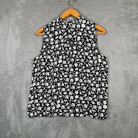Ann Taylor Womens Sleeveless Blouse Top Size L Black White Floral V-Neck - Picture 2 of 10